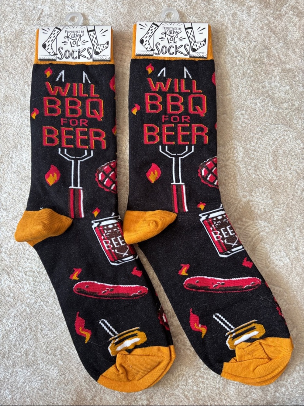 NEW 2-Pack Primitives by Kathy 'Will BBQ for Beer' Crew Socks Father's Day Gift
